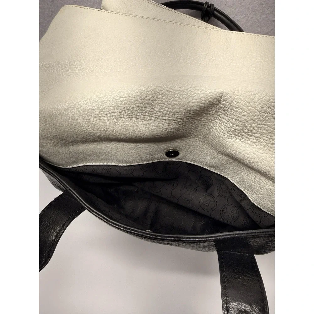 Michael Kors Tippi Large Satchel Leather Handbag Purse Black Cream White